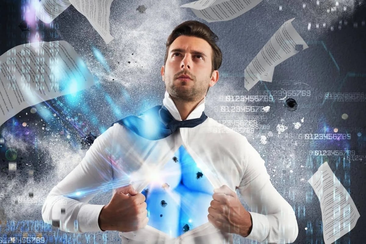 Man ripping open white dress shirt to reveal glowing blue superhero suit underneath with papers and digital code flying in the background