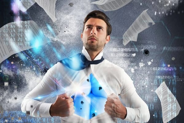 Man ripping open white dress shirt to reveal glowing blue superhero suit underneath with papers and digital code flying in the background