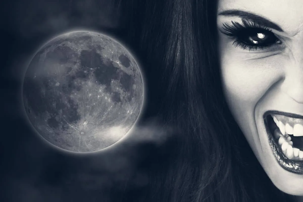 Close-up of a woman's face with a full moon, highlighting emotion, darkness, and ambiance.