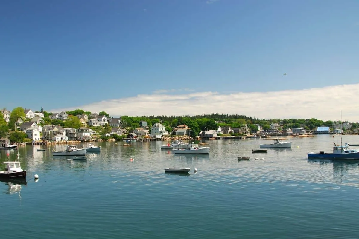 Scenic harbor with boats and seaside houses, perfect for travel and tourism photos.