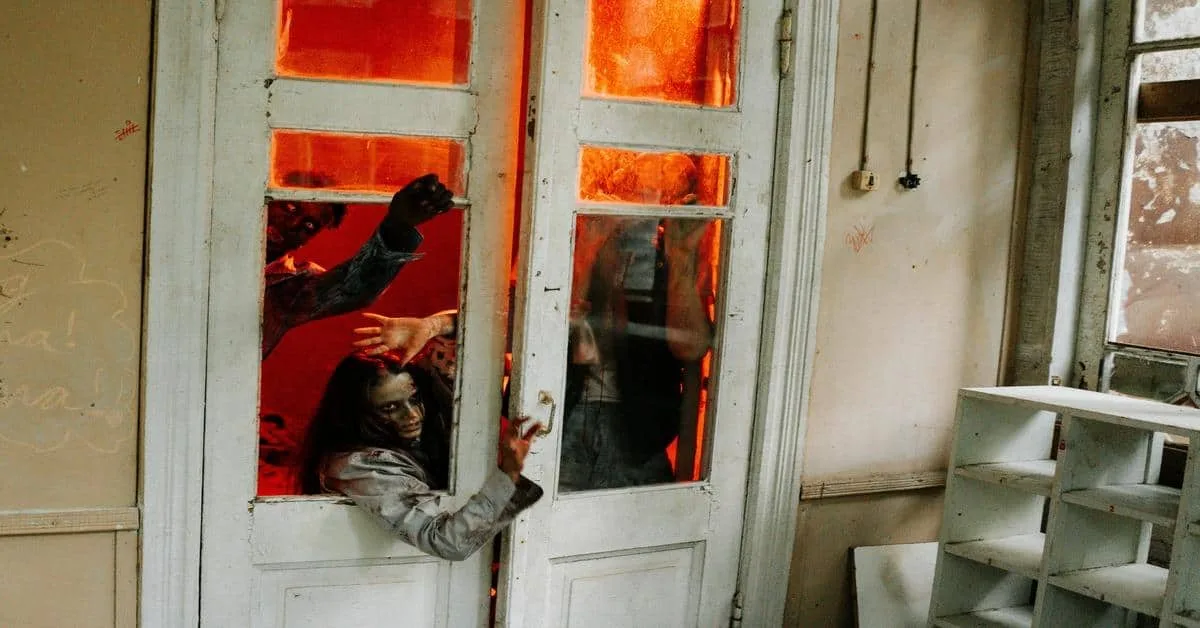 Scarred woman trapped behind a glass door with zombies reaching inside.