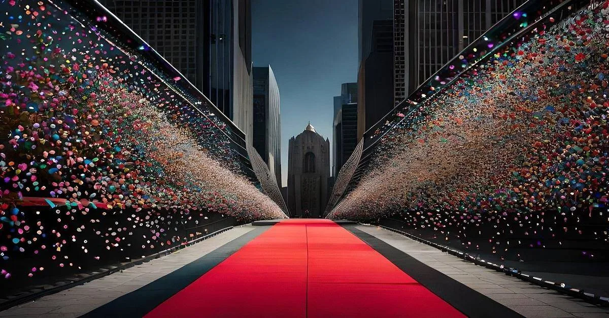 Colorful confetti-filled tunnel with city skyscrapers in the background.
