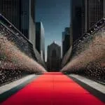 Futuristic city skyline at night with towering skyscrapers and vibrant lights.