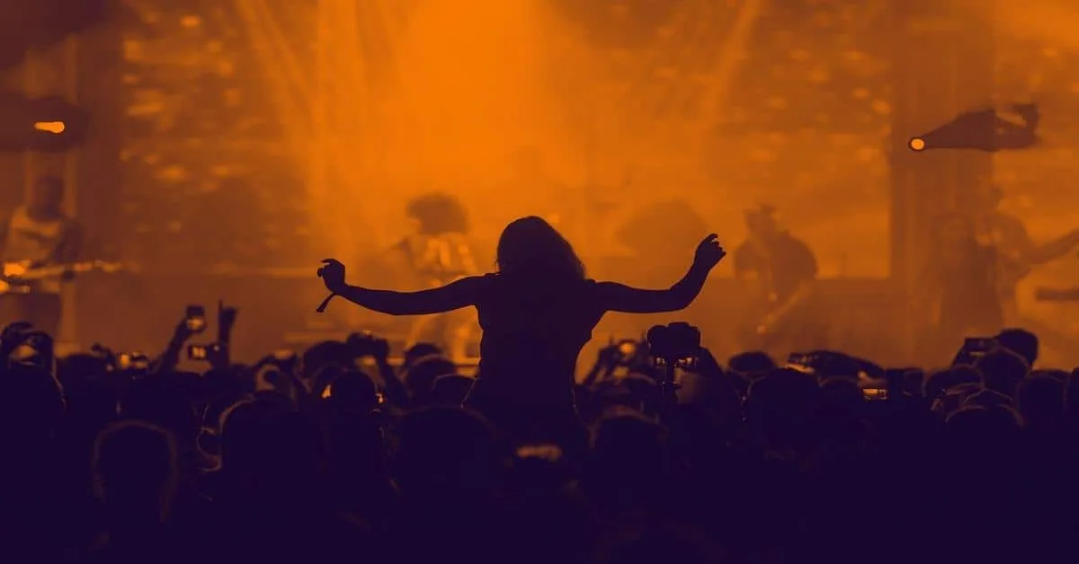 Silhouette of a woman dancing amidst an energetic concert audience.