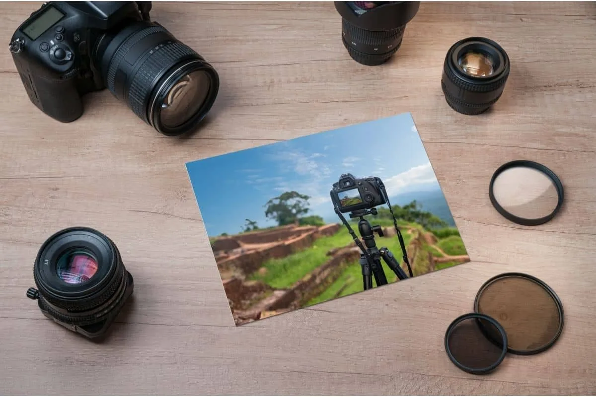 High-quality professional DSLR camera with various lenses and filters arranged on wooden surface illustrating movies about photography